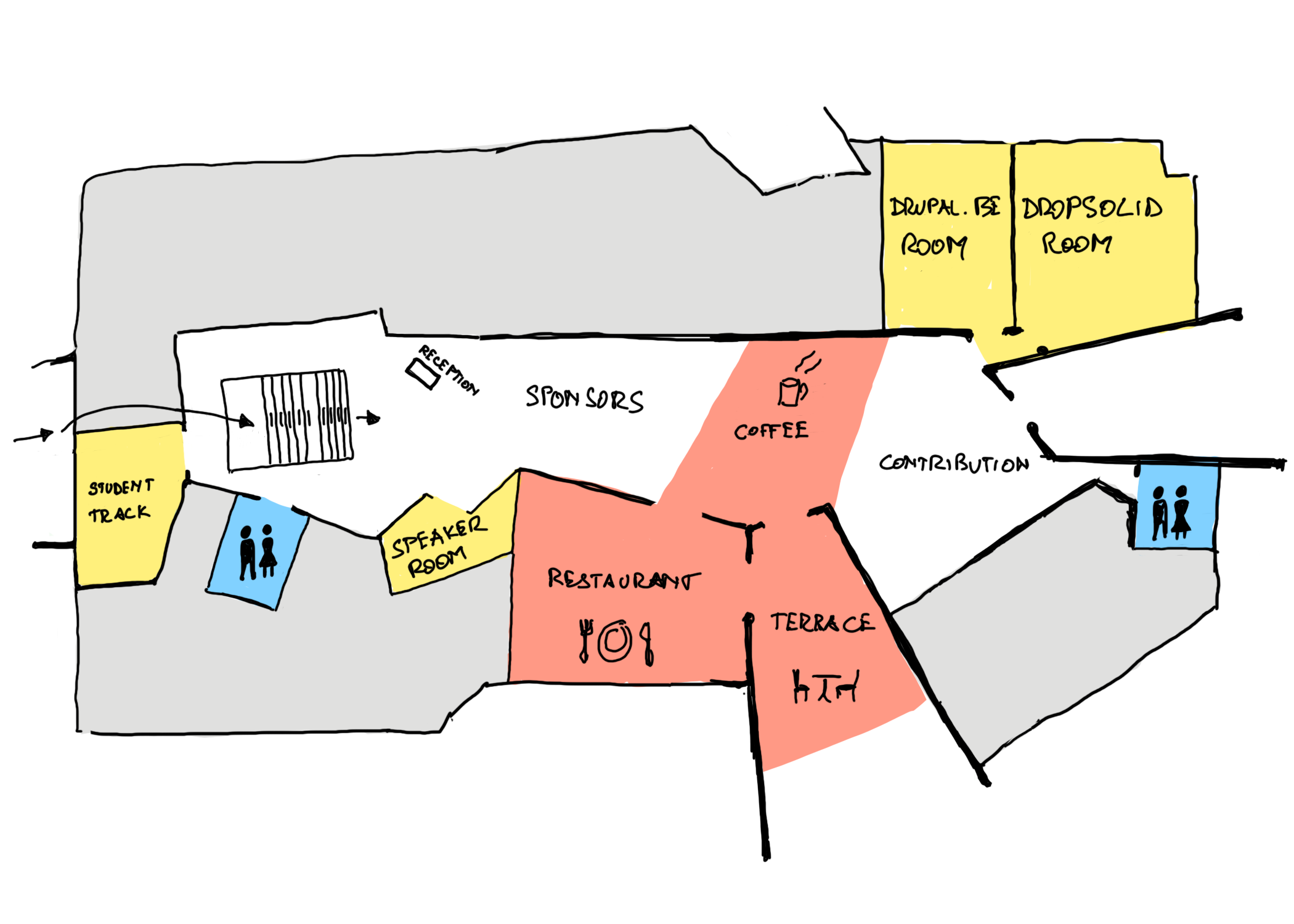 Floorplan of Drupalcam on the -1 in the Penta. There is a big aery patio with reception, sponsors, coffe area, contrib area  and restaurant, with the rooms around it.
